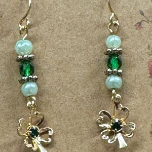 Dainty St Patrick’s Pearl, Gold, and Green Clover Drop Earrings 2/$22